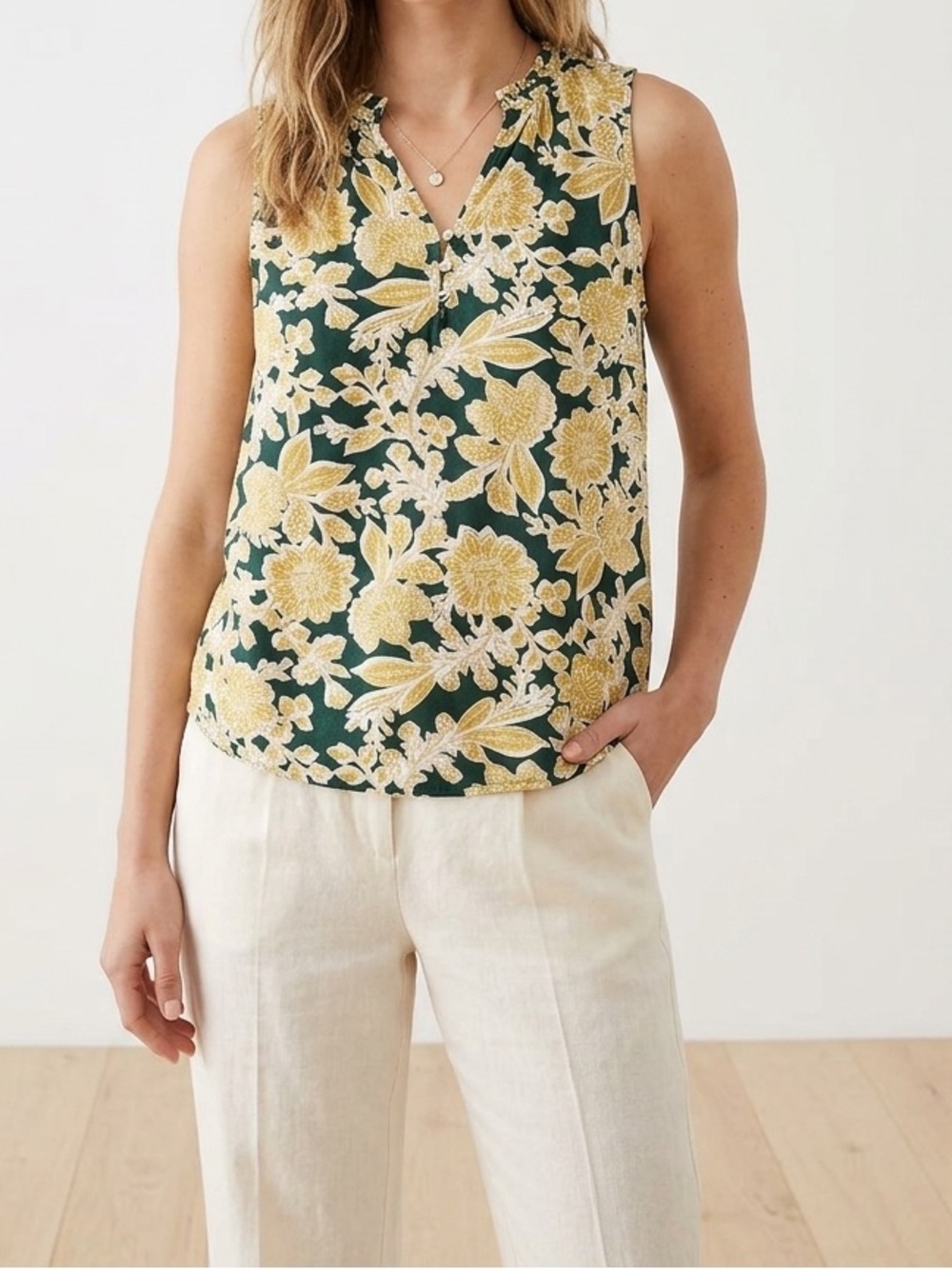 🔥$10 FINAL PRICE🔥loft Floral Sleeveless High-Low Blouse Yellow & Green V-Neck🧡